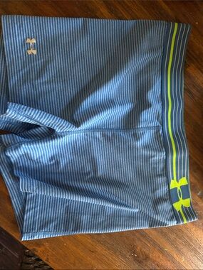 Under Armour Light Blue Striped Workout Shorts with Neon Yellow Accent
